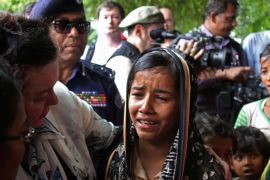 British United Nations Ambassador Karen Pierce consoles a twelve-year-old Rohingya refugee near Cox’s Bazar, in Bangladesh