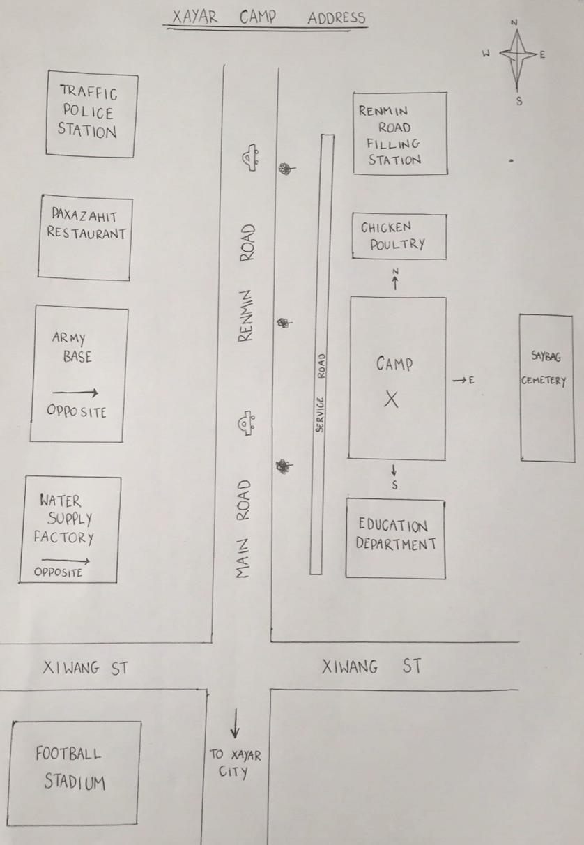 Tarim provided a handwritten map of the camp in Xayar, where his sister was 'detained' [Al Jazeera]