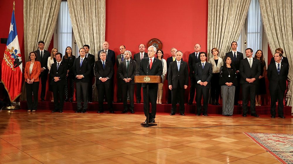 Chilean President Sebastian Pinera delivers a speech during a cabinet reshuffle at the government house in Santiago, Chile