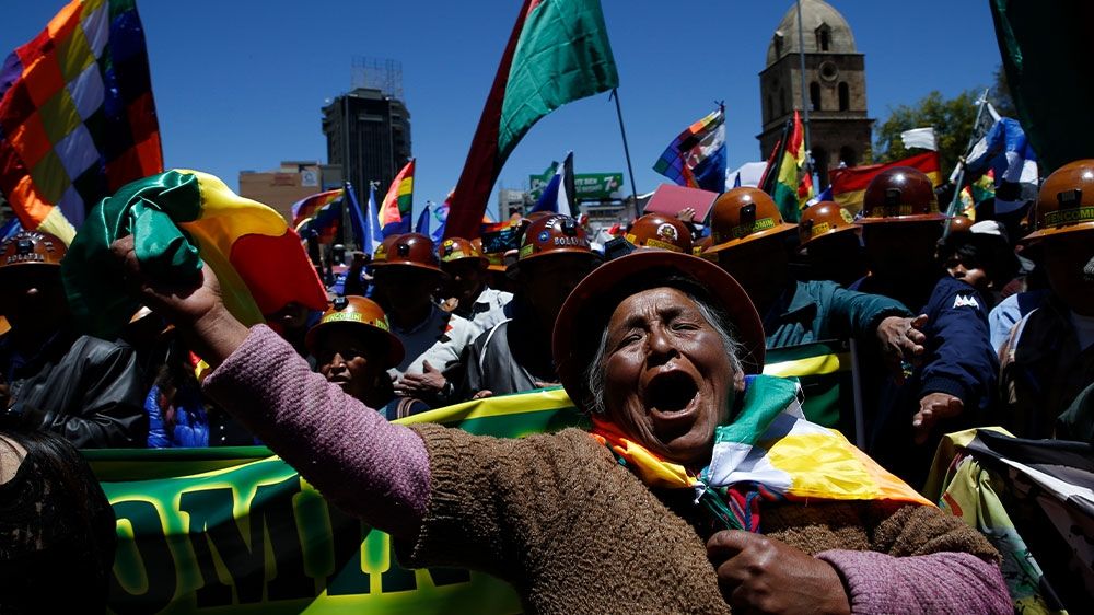 Supporters of Bolivian President Evo Morales marching in La Paz, Bolivia