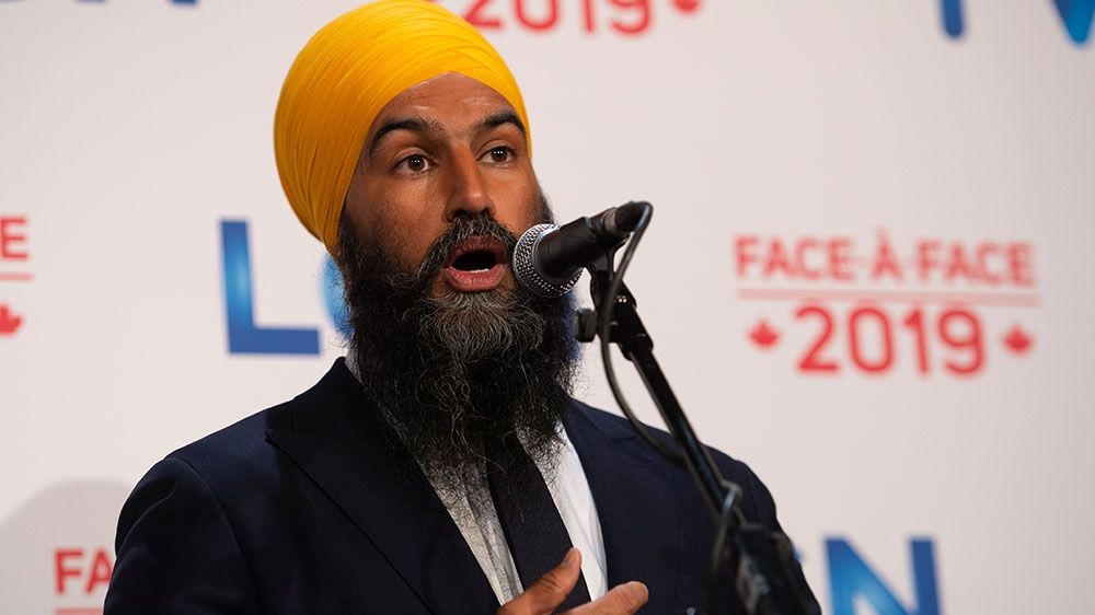 Leader of the New Democratic Party Jagmeet Singh addresses the press after the French debate for the 2019 federal election