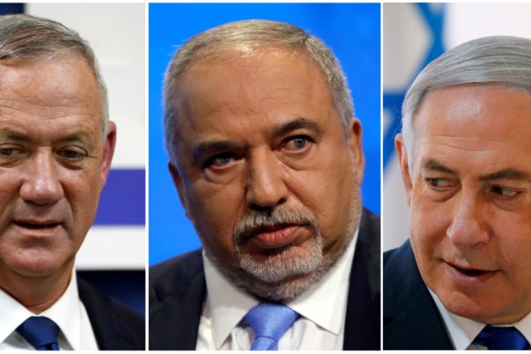 A combination picture shows Blue and White party leader Benny Gantz, Yisrael Beitenu party leader Avigdor Lieberman and Israeli Prime Minister Benjamin Netanyahu