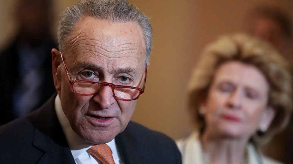 US Senate Minority Leader Chuck Schumer holds his weekly news conference at the US Capitol