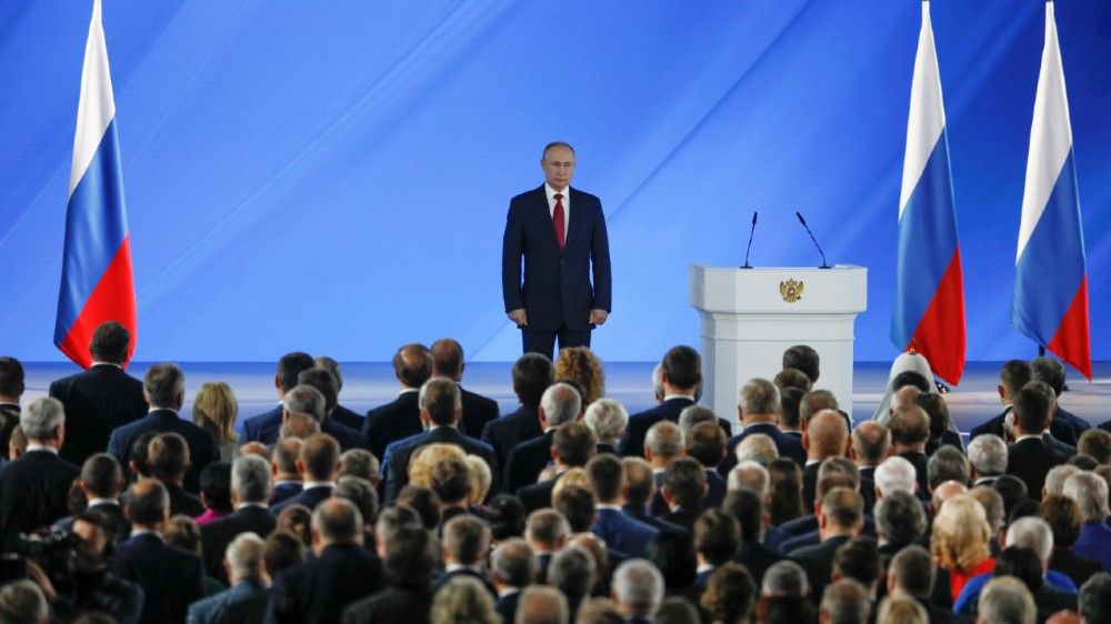 Russian President Vladimir Putin listens to the national anthem after delivering his annual address to the Federal Assembly in Moscow, Russia on January 15, 2020
