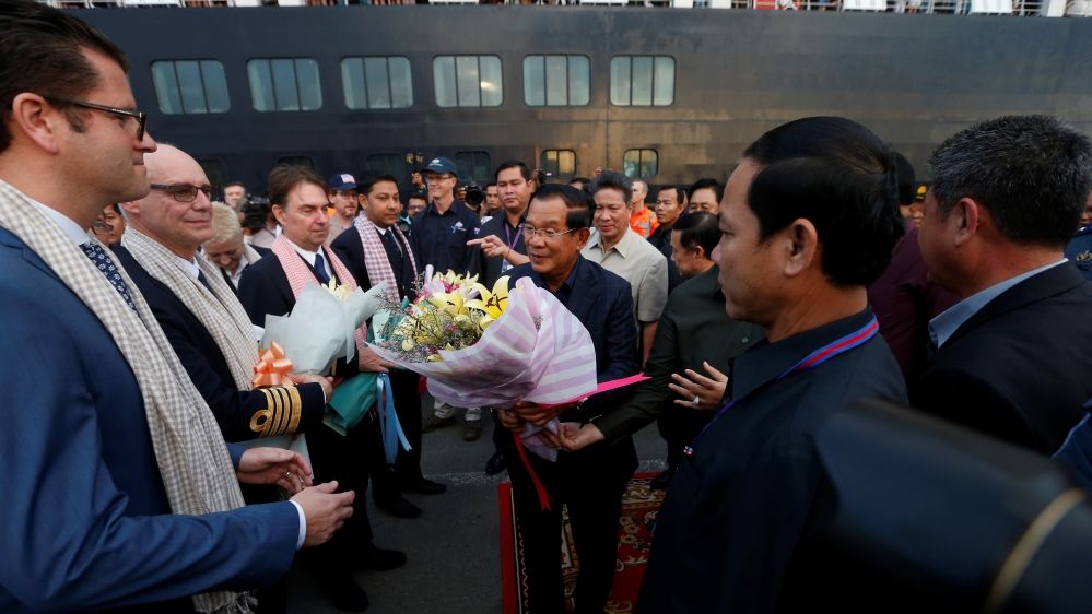 Cambodia’s Prime Minister Hun Sen welcomes the passengers and crew of MS Westerdam on Friday in Sihanoukville
