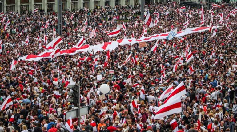People attend a protest against the results of the August 9, 2020 presidential elections in Minsk. Opposition in Belarus alleged poll-rigging and police violence at protests following results claiming that President Lukashenko had won a landslide victory in the polls