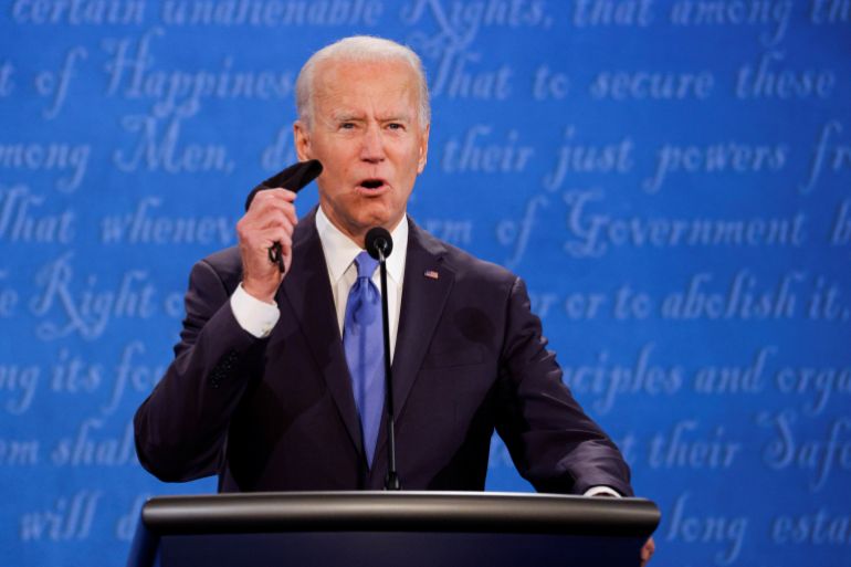Democratic presidential nominee Joe Biden speaks during the second 2020 presidential campaign debate with U.S. President Donald Trump at Belmont University in Nashville, Tennessee