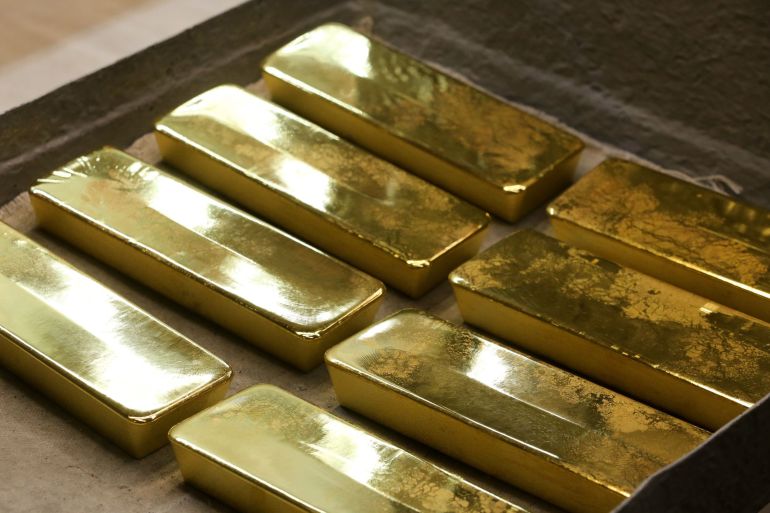 Freshly cast gold ingot bars