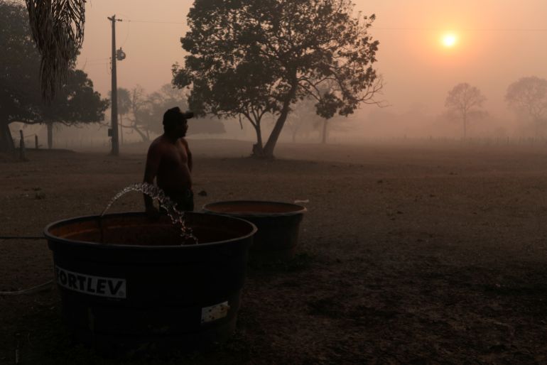 Smoke from a fire rising into the air in the Pantanal, the world’s largest wetland, in Pocone, Mato Grosso state, Brazil