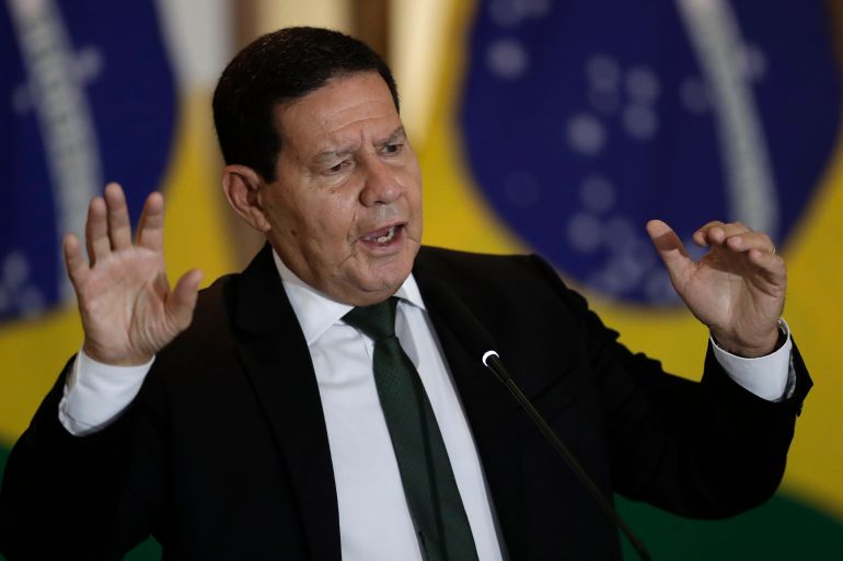 Brazil’s Vice President Hamilton Mourao speaking during a news conference to present a strategic plan of action regarding the Amazon, at the Itamaraty Palace, in Brasilia, Brazil