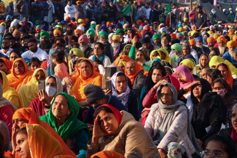 Women protesting at Singhu border on the outskirts of capital New Delhi