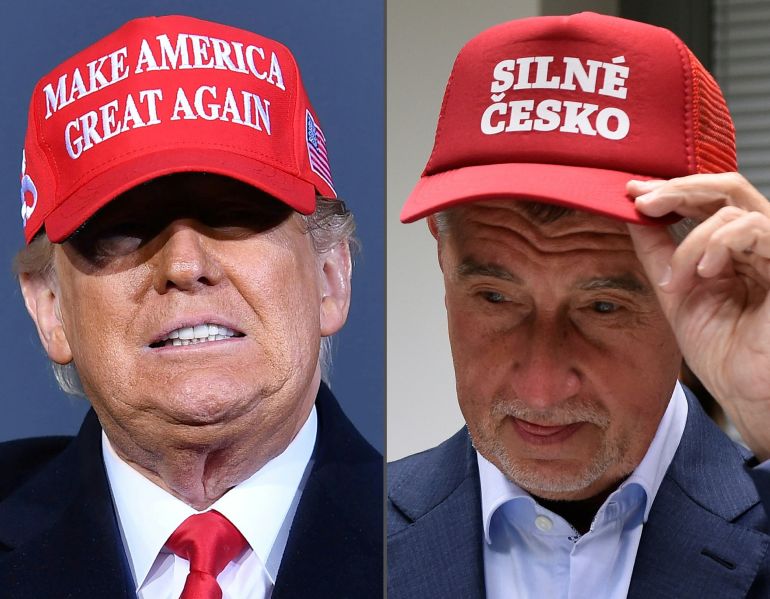 In the left is US President Donald Trump wearing a cap with the lettering ‘Make America Great Again’ during a rally in Michigan, and in the right, Czech Prime Minister Andrej Babis, founder and leader of the populist ANO party, posing with a cap with the lettering ‘Strong Czechia’