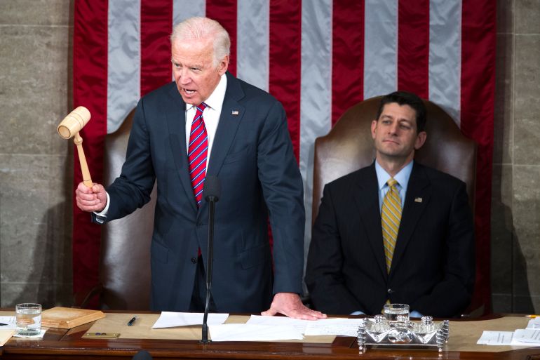 Vice President Joe Biden, with then-House Speaker Paul Ryan of Wisconsin, right, watching, declares that Congress certifies Donald Trump’s presidential victory during a joint session of Congress, on Capitol Hill in Washington, DC, on Friday, January 6, 2017
