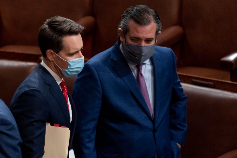 Senators Josh Hawley and Ted Cruzspeak after Republicans objected to certifying the Electoral College votes from Arizona, during a joint session of the House and Senate to confirm the electoral votes cast in November’s election, at the Capitol on January 6, 2021