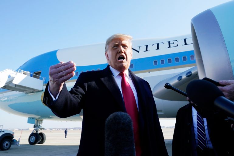 President Donald Trump speaks to the media before boarding Air Force One at Andrews Air Force Base