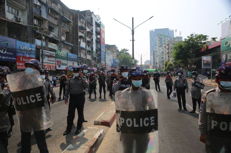Police on streets of Yangon as thousands of people turned out at the weekend in opposition to the military coup