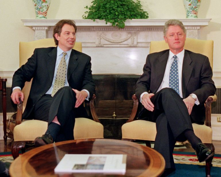 US President Bill Clinton, right, meets with British Labour Party leader Tony Blair in the Oval Office of the White House on April 12, 1996
