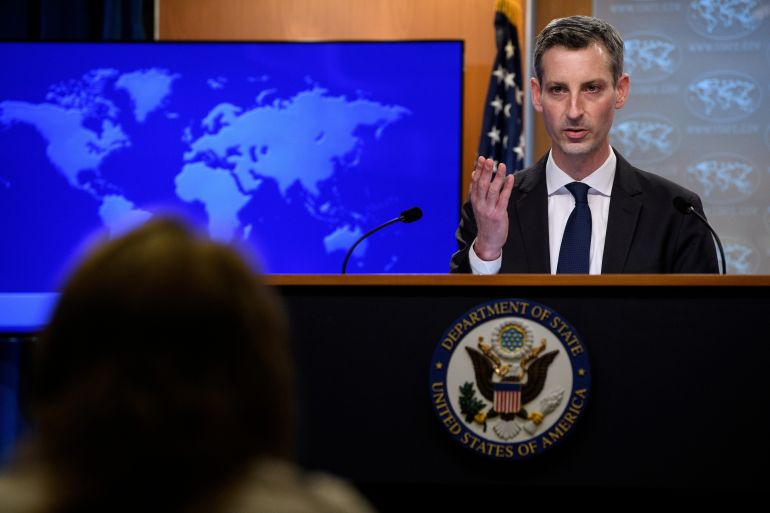 US State Department spokesman Ned Price speaks at his first daily press briefing at the State Department in Washington, on February 2, 2021