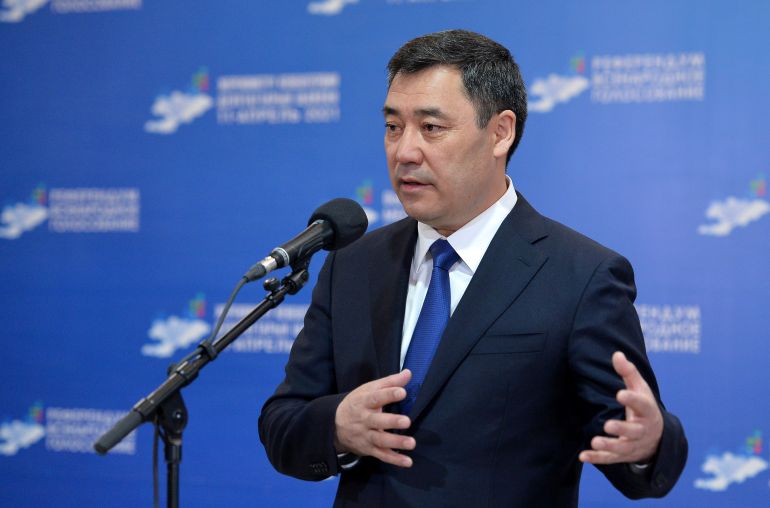 Kyrgyzstan’s President Sadyr Japarov speaks after voting in the constitutional referendum in Bishkek, Kyrgyzstan, April 11, 2021