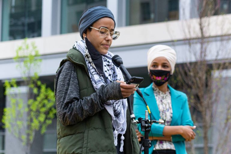 Yemeni-American activist Iman Saleh gives a statement alongside Congresswoman Ilhan Omar during a press conference in Washington, DC on April 9, 2021 [Courtesy of Laura Albast]