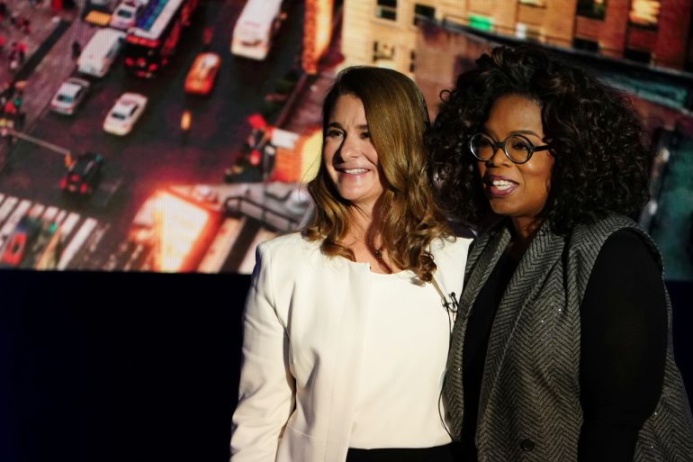 Melinda Gates speaks to Oprah Winfrey on stage during a taping of her television show in Manhattan in 2019