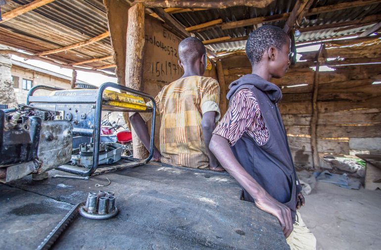 “Since we do not learn this full time, we have to spend longer learning, but that won’t discourage us.” Waheed, 15, and Tunji, 14, who are learning to repair generators