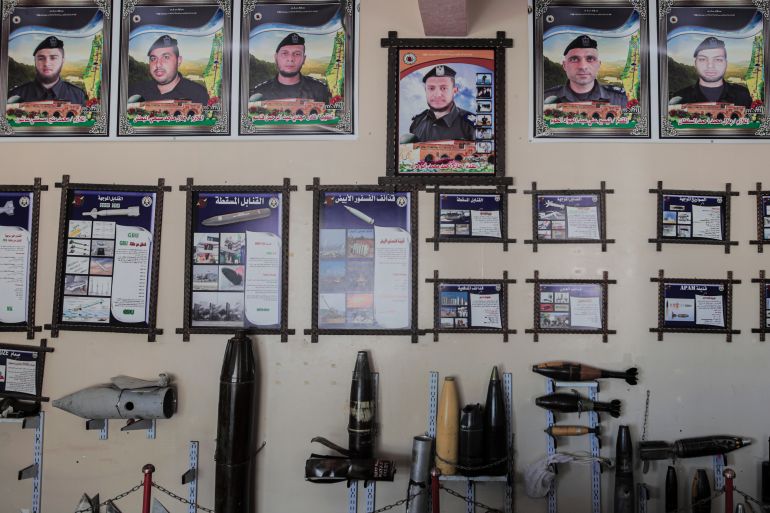 An exhibition showcasing explosive remnants of war (ERW) is displayed at the headquarters of the explosives engineering unit in Gaza City