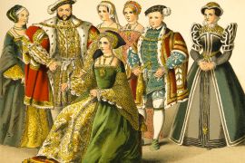 This illustration depicts King Henry VIII standing with members of his court. From left to right are Queen Anne Boleyn, Henry VIII, Queen Jane Seymour, Queen Catharine Parr, Princess Elizabeth, Edward VI, and Queen Mary Tudor. Illustrated and painted by Albert Kretschmer (1825-1891), it was published in an 1882 collection of illustrated costumes of the world [Getty Images]