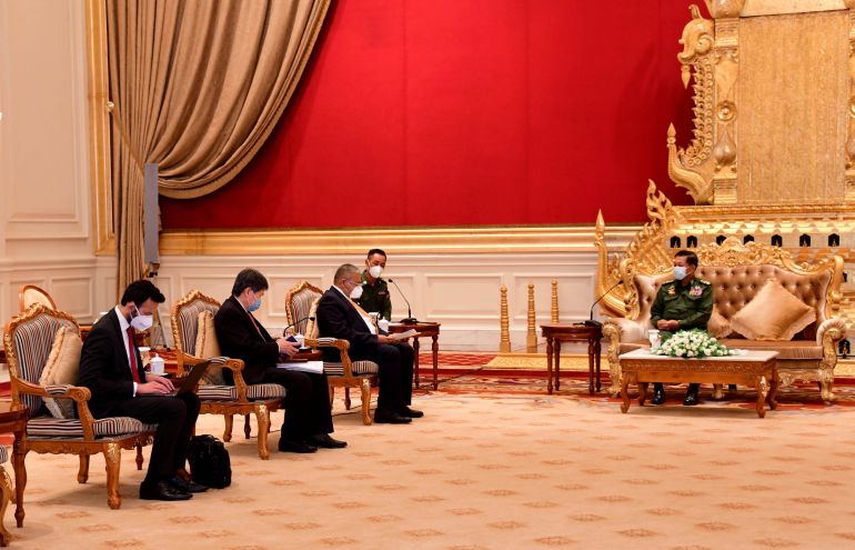 Military chief Min Aung Hlaing met diplomats from ASEAN as well as the Red Cross chief last week [Myanmar Ministry of Information via EPA]