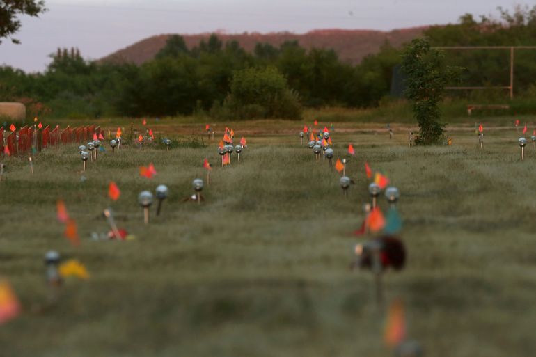 Recently installed solar lights marking burial sites on Cowessess First Nation, where a search had found 751 unmarked graves from the former Marieval Residential School near Grayson, Saskatchewan, Canada