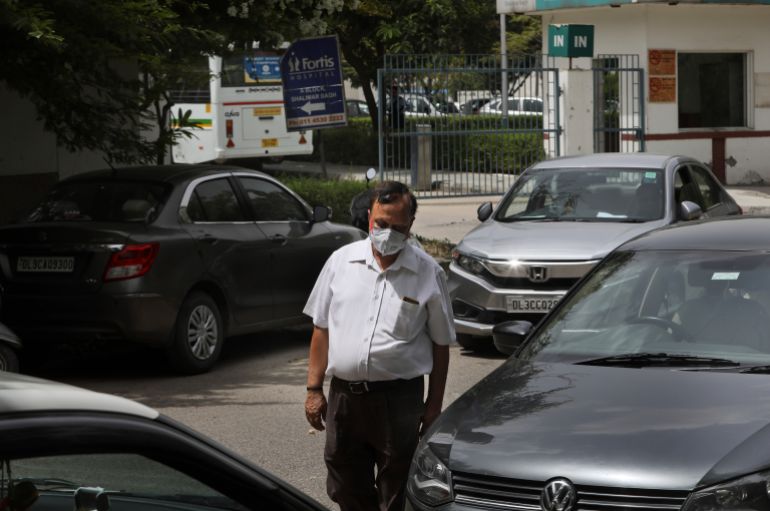 Sharma after visiting his son Saurav who is being treated for COVID-19 at a private hospital in New Delhi