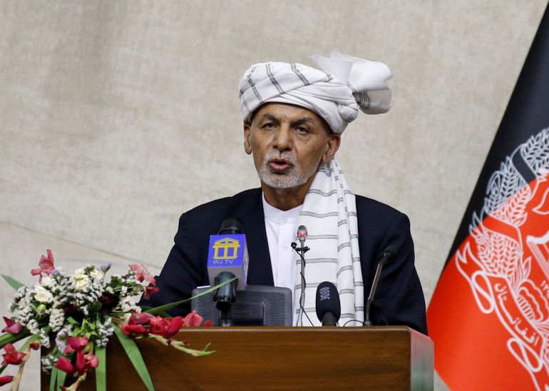Afghan President Ashraf Ghani speaks at the parliament in Kabul, Afghanistan August 2, 2021 [Reuters]