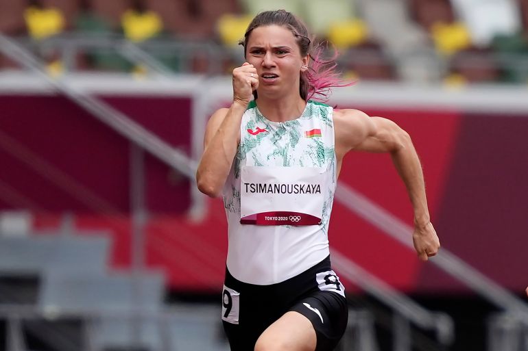 Tsimanouskaya runs in the women’s 100-metre run at the 2020 Summer Olympics