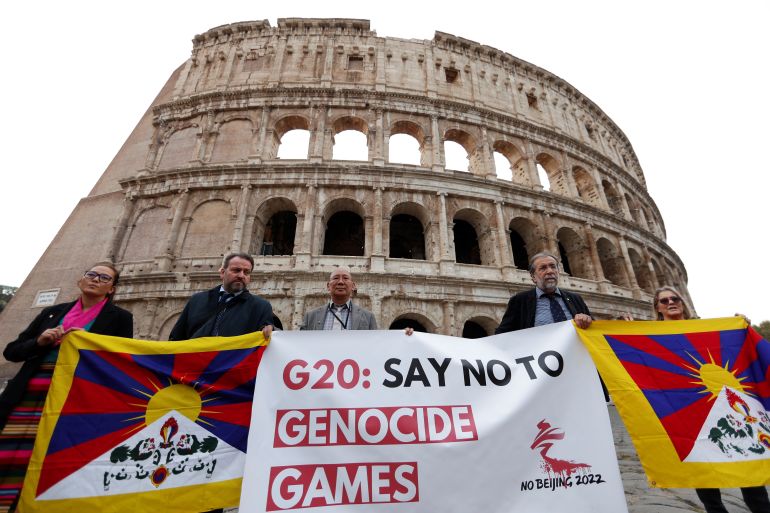 Activists demonstrate outside the Colosseum in Rome, Italy, in October to call on G20 leaders to boycott the Beijing 2022 Winter Olympics