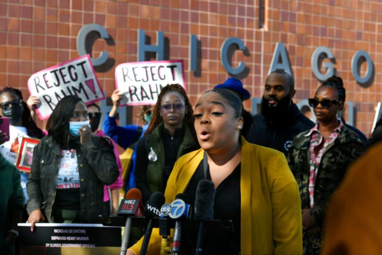 Kina Collins, who is running for the US House of Representatives, speaks during a rally to protest former Chicago Mayor Rahm Emanuel’s nomination as ambassador to Japan on October 19