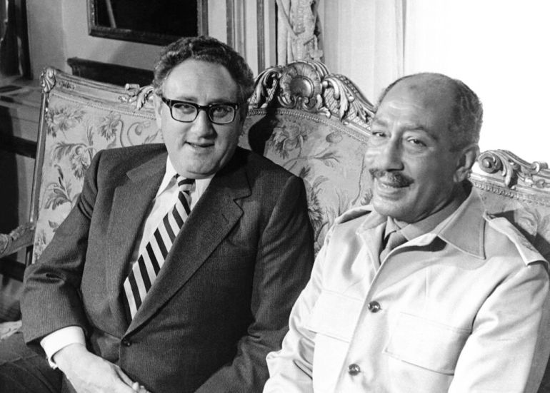 Egypt’s late President Anwar Sadat, right, and former United States Secretary of State Henry Kissinger pictured during a meeting at the Tahira Palace in Cairo in 1973 in an effort to find a peace formula for the Middle East war