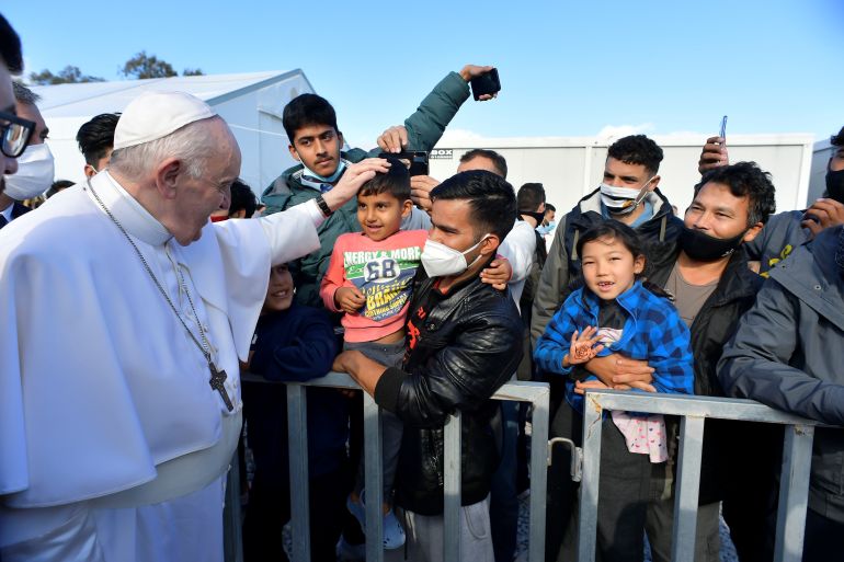 Pope Francis greeted children in Mavrovouni camp on the Greek island on Lesbos.