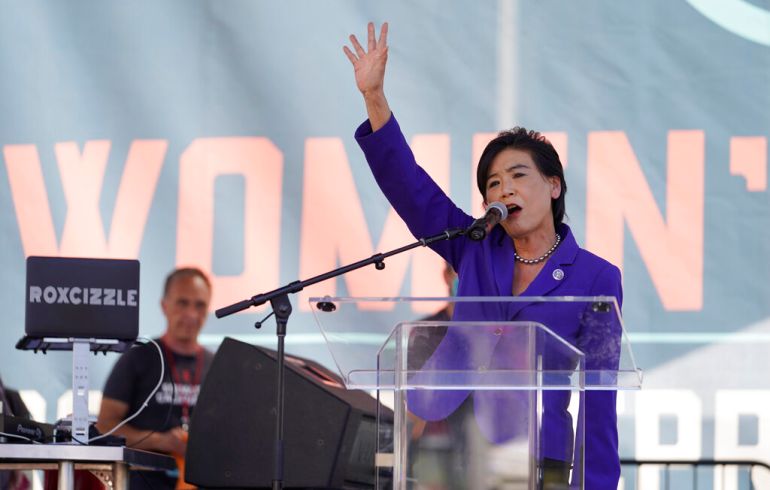 US Representative Judy Chu, a leading advocate for legislation to protect abortion rights, spoke at a rally in Los Angeles in October