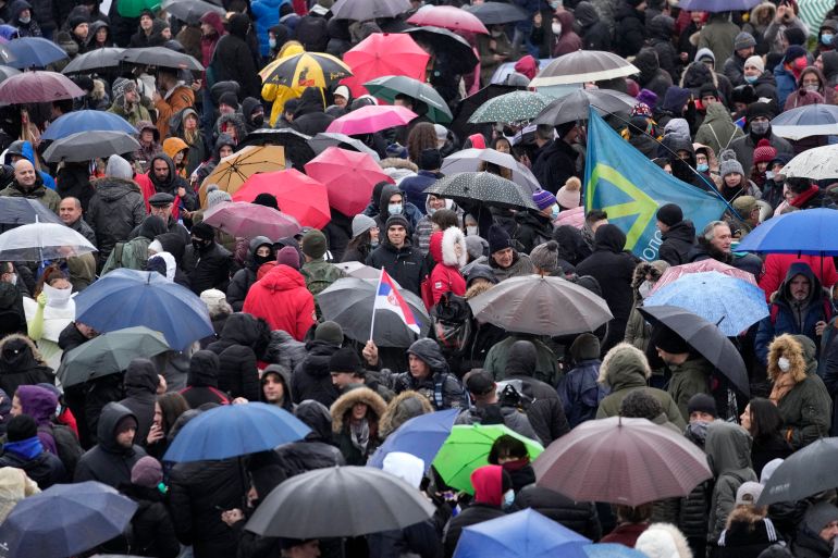 Protesters block the highway in Belgrade, Serbia
