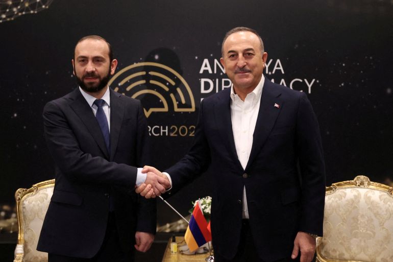 Turkish Foreign Minister Mevlut Cavusoglu meets with his Armenian counterpart Ararat Mirzoyan