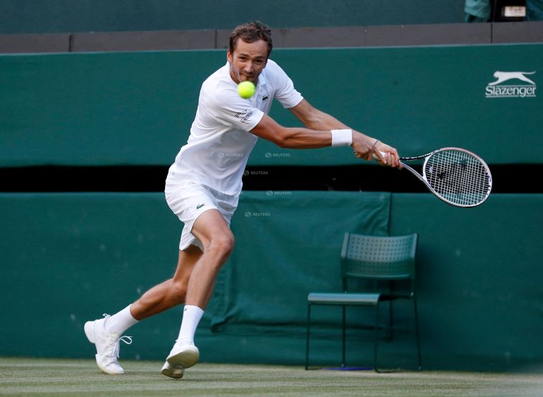 Russia’s Daniil Medvedev in action during his third-round match against Croatia’s Marin Cilic at the All England Lawn Tennis and Croquet Club in July 2021