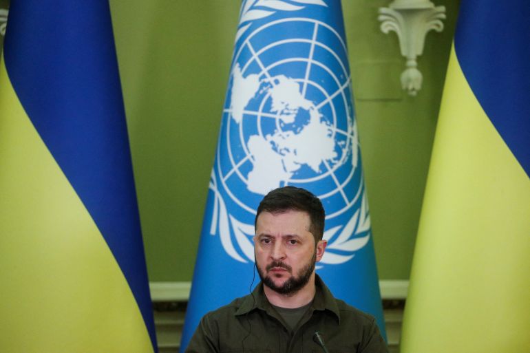 Ukraine’s President Volodymyr Zelenskyy attending a joint news conference, as Russia’s attack on Ukraine continues, in Kyiv
