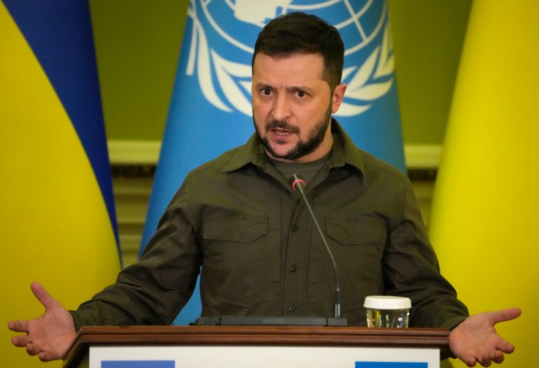 Ukrainian President Volodymyr Zelenskyy speaks during the joint press conference with UN Secretary-General Antonio Guterres in Kyiv.