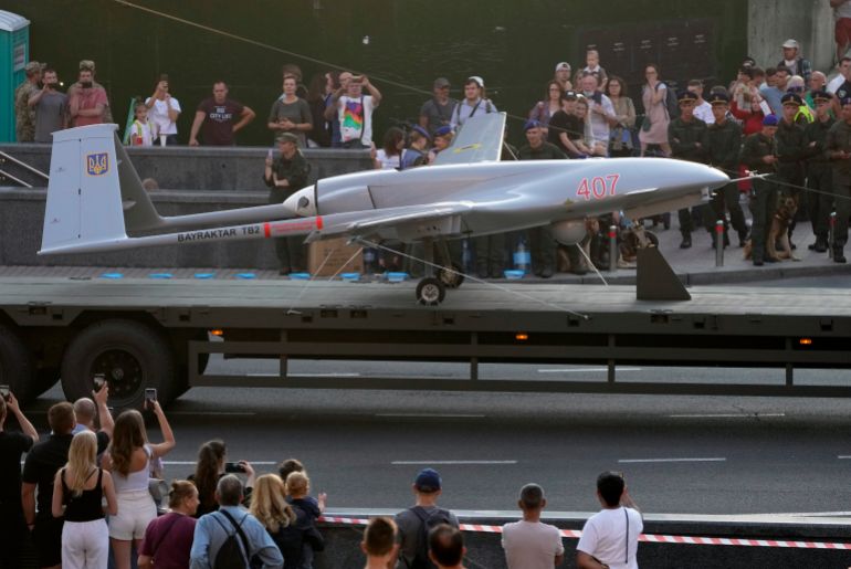 A Turkish-made Bayraktar TB2 drone is seen during a rehearsal of a military parade for Independence Day in Kyiv, Ukraine, August 20, 2021