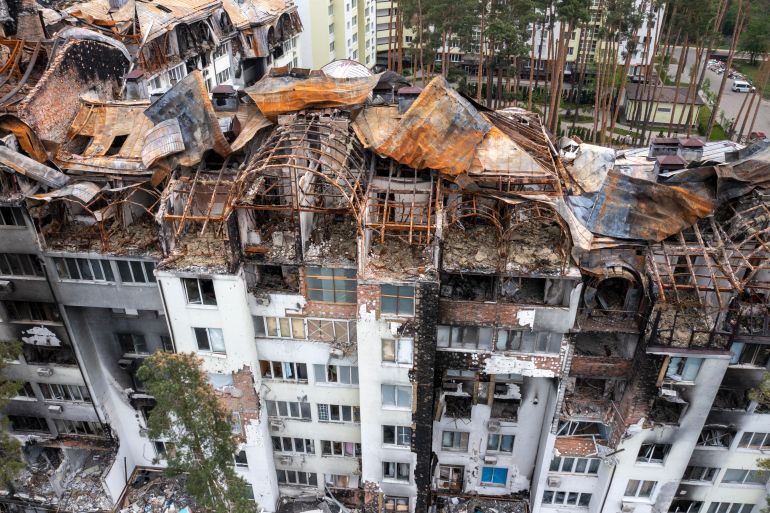 An aerial view of a residential area destroyed