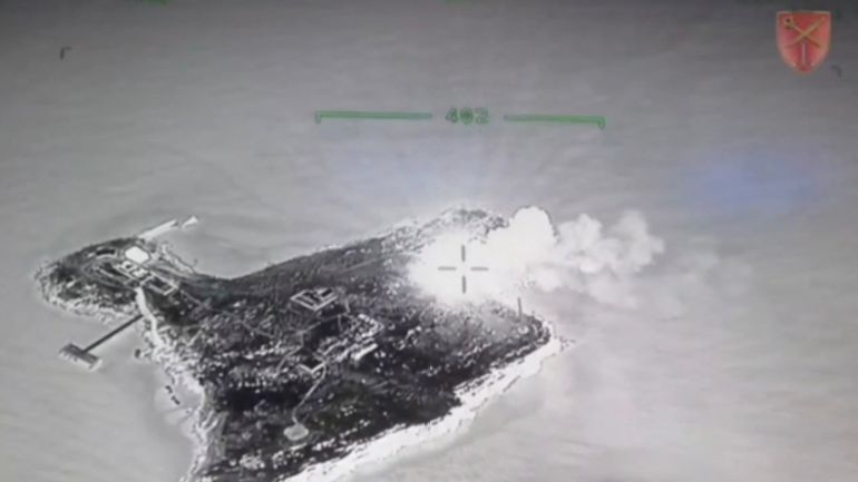 A screengrab from a drone video shows a fire on Snake Island on May 8, 2022