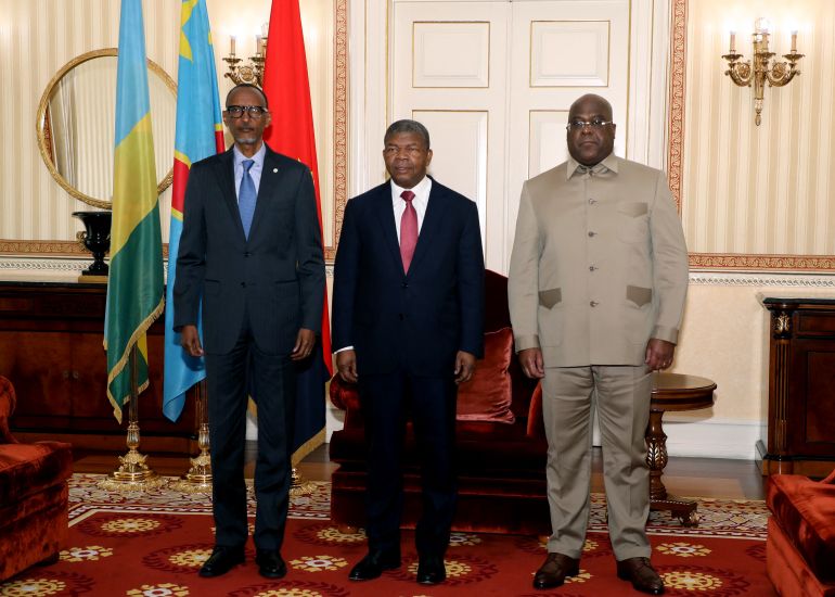 Left to right, Kagame, Angolan President Joao Lourenco and DRC President Felix Tshisekedi met in Luanda for talks on July 6, 2022, after a surge in violence in eastern DRC