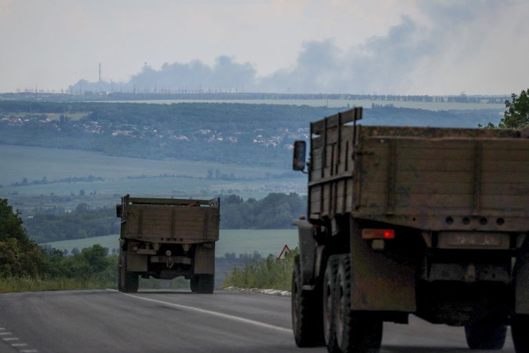 Vuhlehirsk's heat power plant burns after a shelling, amid Russia's attack on Ukraine, near the town of Svitlodarsk