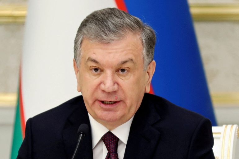 Uzbek president Shavkat Mirziyoyev attends a news conference