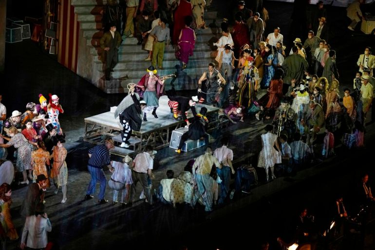 A view of the stage during, Pagliacci,( Clowns) lyric opera, at the Arena di Verona theatre, in Verona, Italy